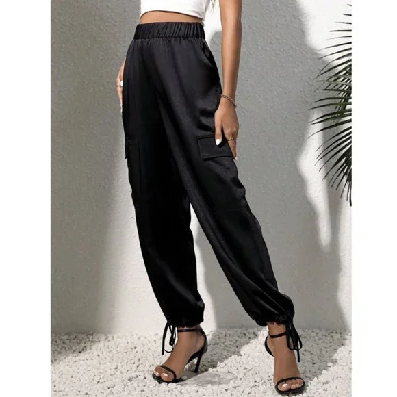 Luxe Look Satin Pocketed Joggers - Black - Picture 2 of 6